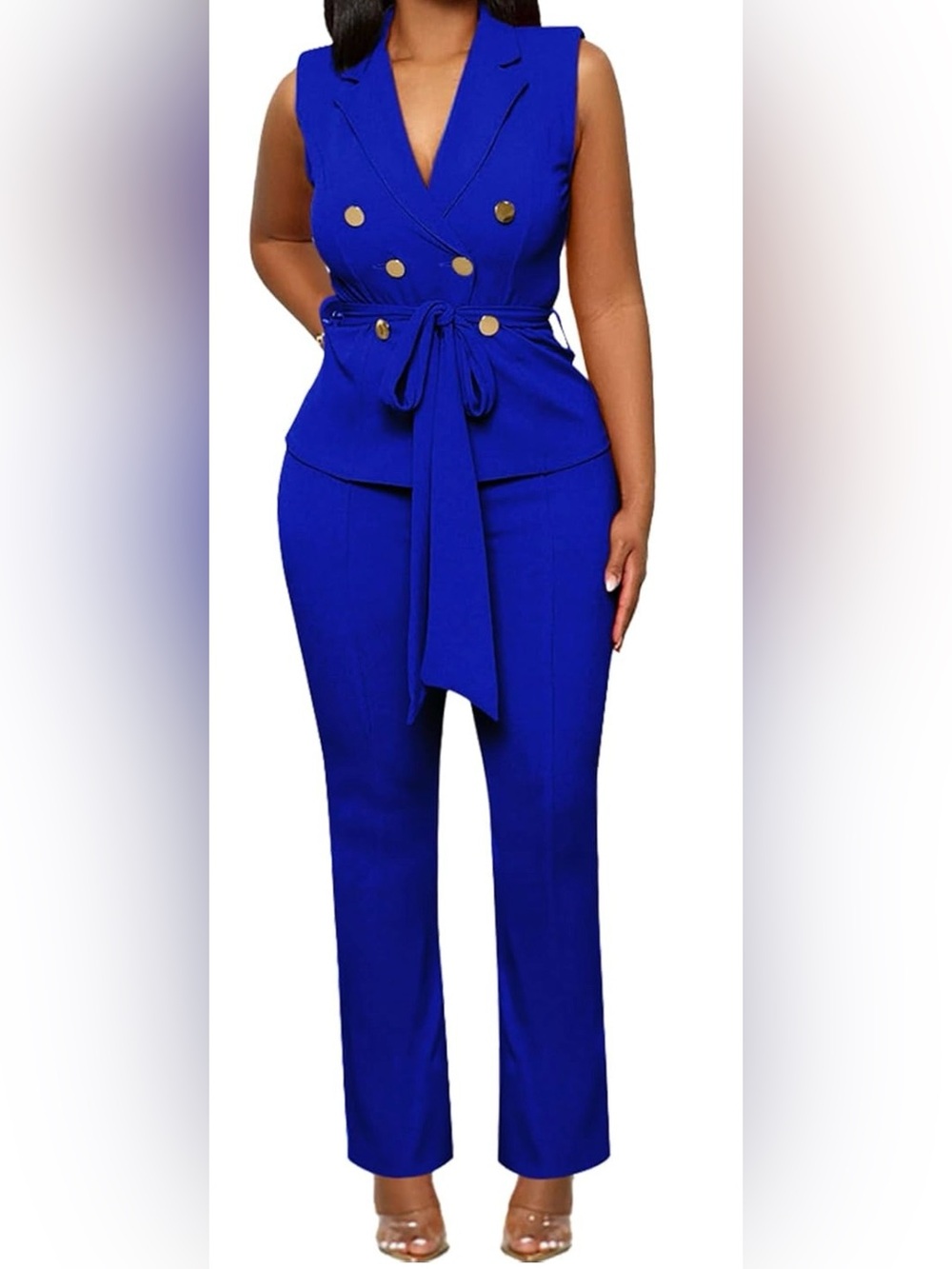 Ophestin Blazer Pants Suits for Women Sleeveless Vest with Belt Wide Leg Pants